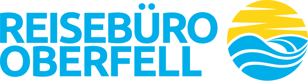 Das Bild zeigt das Logo des „Reisebüro Oberfell“. Im Logo präsentiert sich eine kunstvolle Kombination aus Sonne und Flugzeug, begleitet von Wellen, die Meere oder Ozeane darstellen. Diese Elemente symbolisieren Reisen und Urlaubsflair. Das gesamte Design transportiert die Vorstellung von Freizeit-, Ferien- und Entdeckungsreisen zu neuen Destinationen.